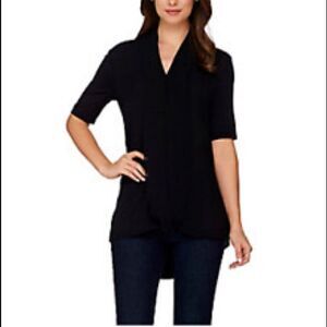 Halston Short Slv Knit Top Chiffon Drape Front